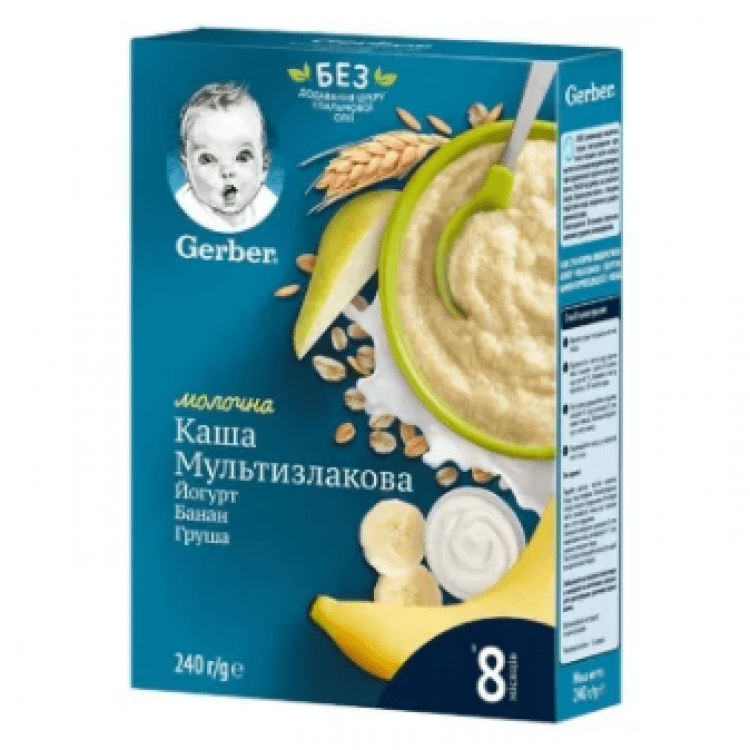 Каша молочна Gerber мультизлакова з йогуртом, бананом і грушею 240г - image-0